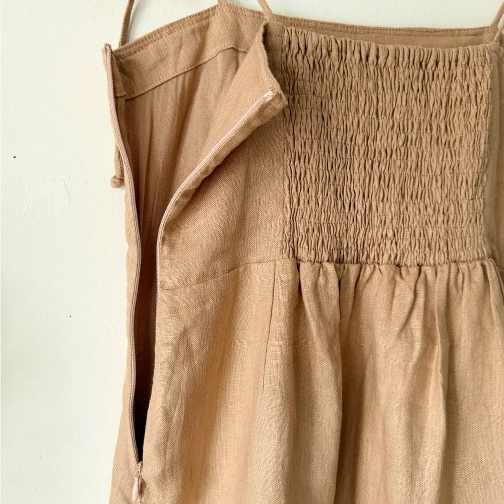 Faithfull the Brand Ysla Linen Smocked Back Shoulder Tie Dress in Hazelnut Sz 6 - Picture 10 of 14